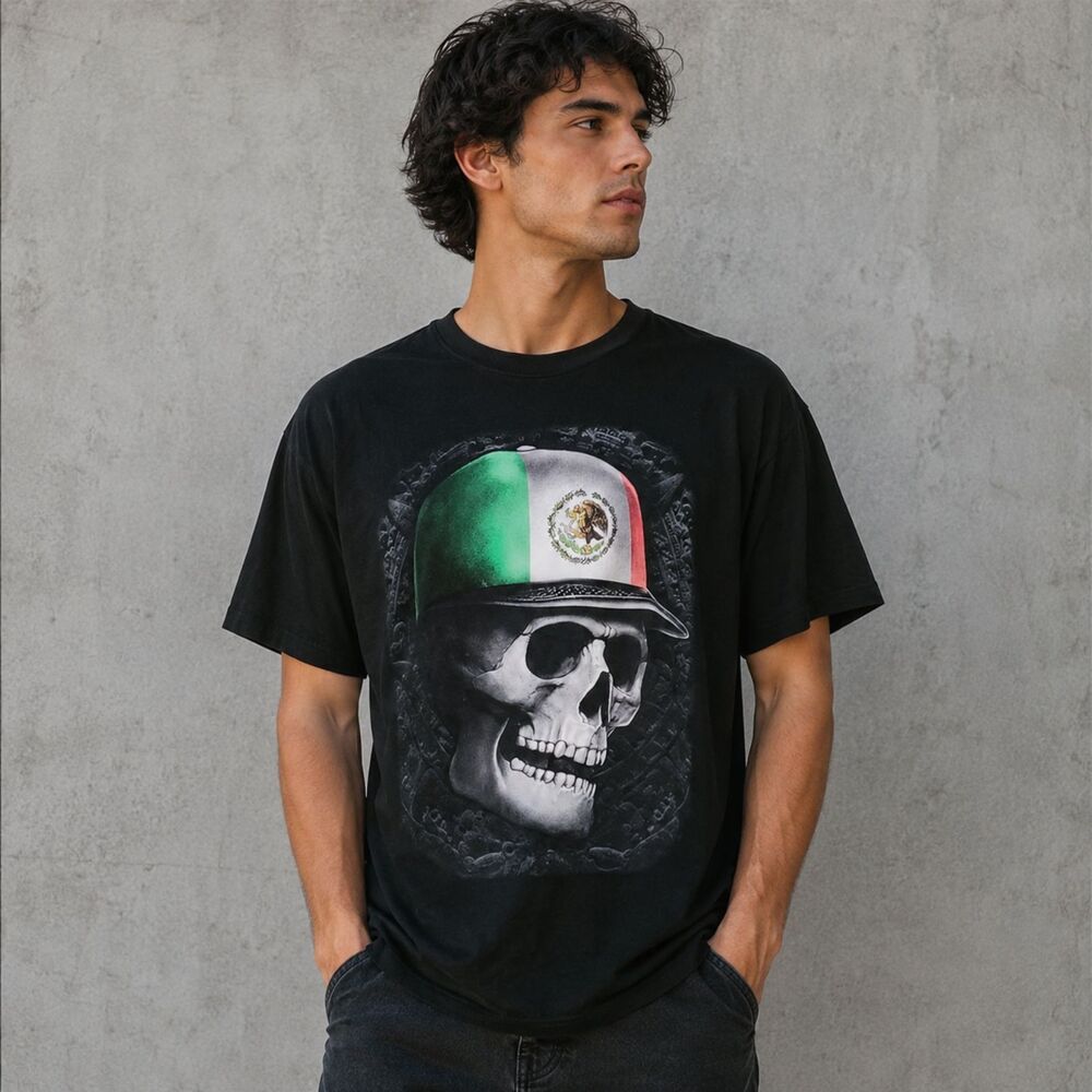 Men Skull Graphic T Shirt Mexican Flag Casual Streetwear Black Size L